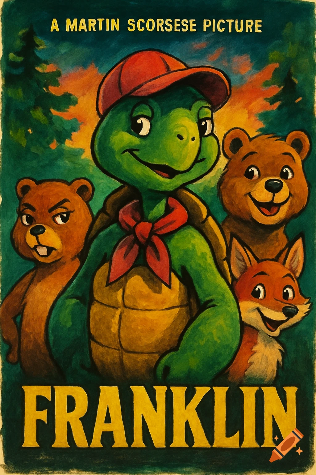 Hand-drawn cartoon movie poster parody featuring Franklin the turtle in a red cap with Bear, Fox, and Beaver, against a forest background.
