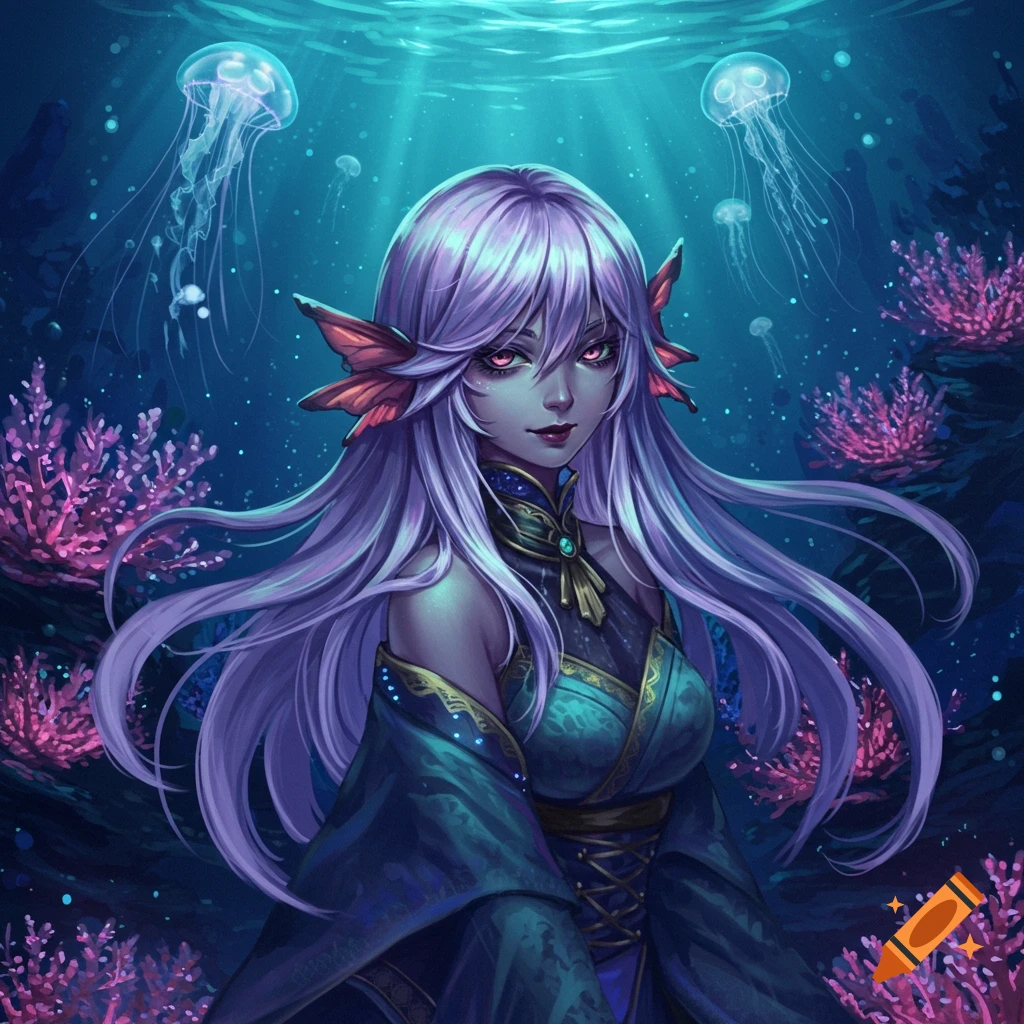 An anime-style fantasy character with long purple hair and red ear-fins, wearing a teal and gold outfit, in a deep blue underwater scene with jellyfish and pink coral.