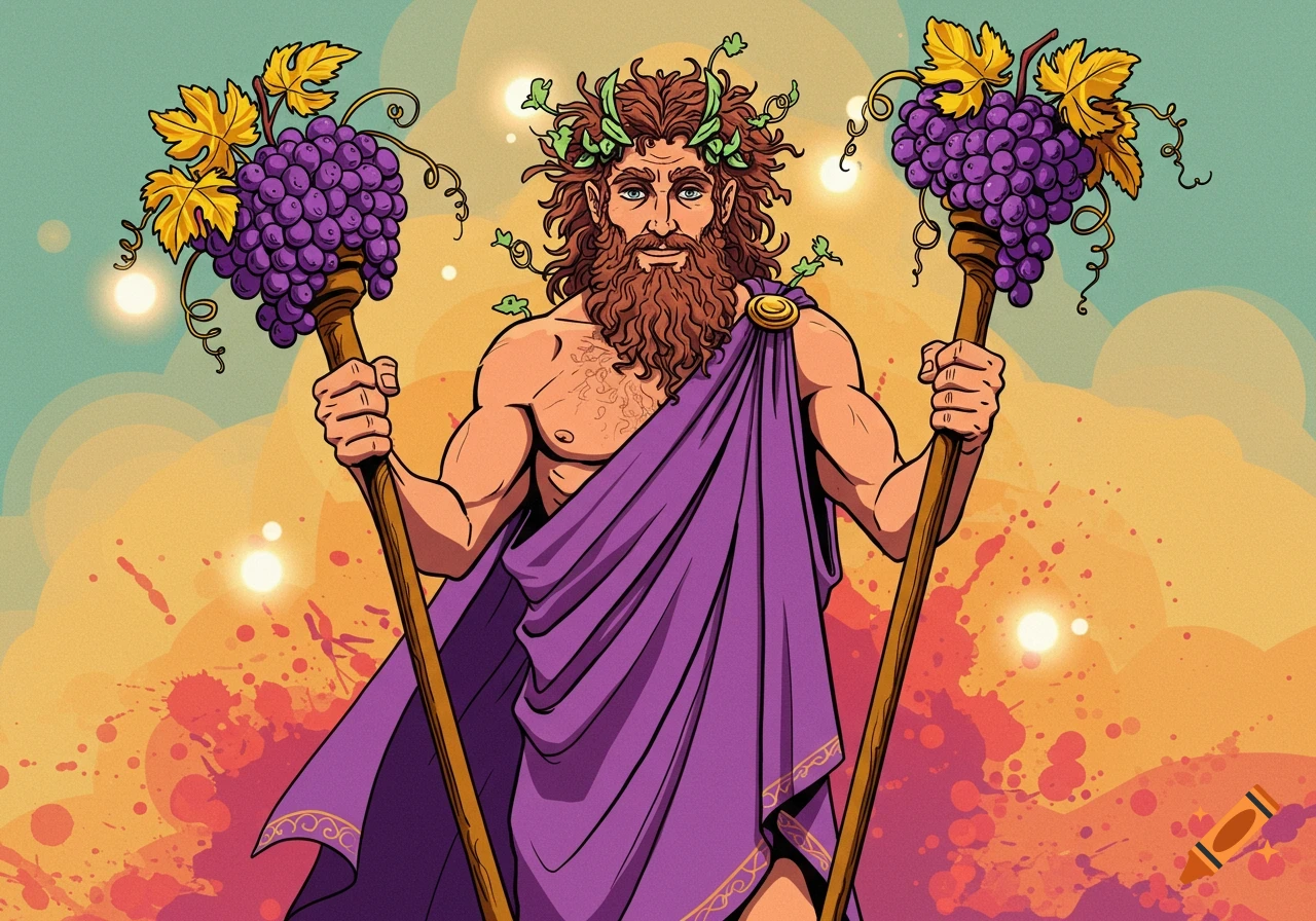 Comic art of the Greek god Dionysus, a bearded man in a purple toga, holding two staves topped with grapes and leaves.