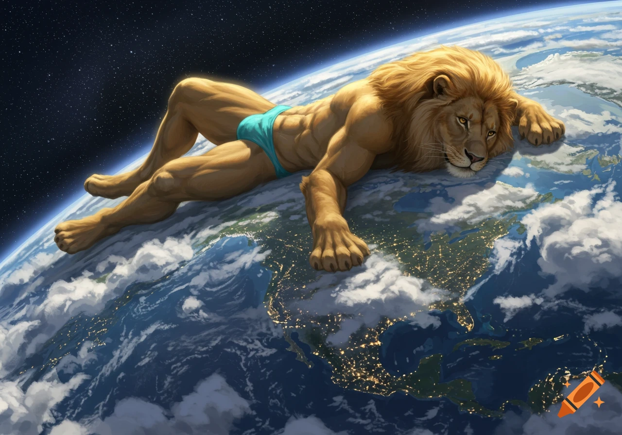 A gigantic, muscular, anthropomorphic lion in a blue speedo reclines across North America, seen from space with city lights visible.