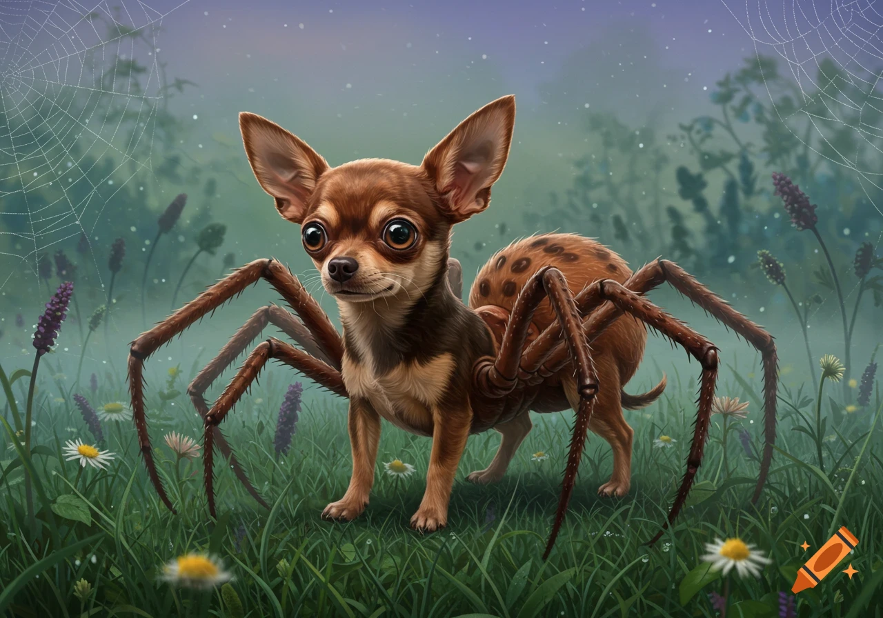 A cute chihuahua-spider hybrid stands in a misty green field with wildflowers and a faint spiderweb.