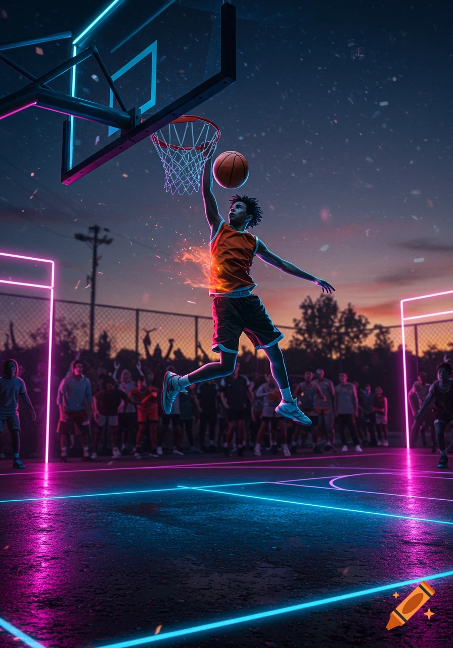 A basketball player dunks a ball on a neon-lit outdoor court at dusk, with a blurred crowd watching.