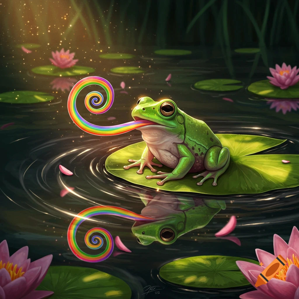 A whimsical frog on a lily pad in a pond, extending a twisted rainbow-colored tongue with glowing sparkles, surrounded by pink lotus flowers.