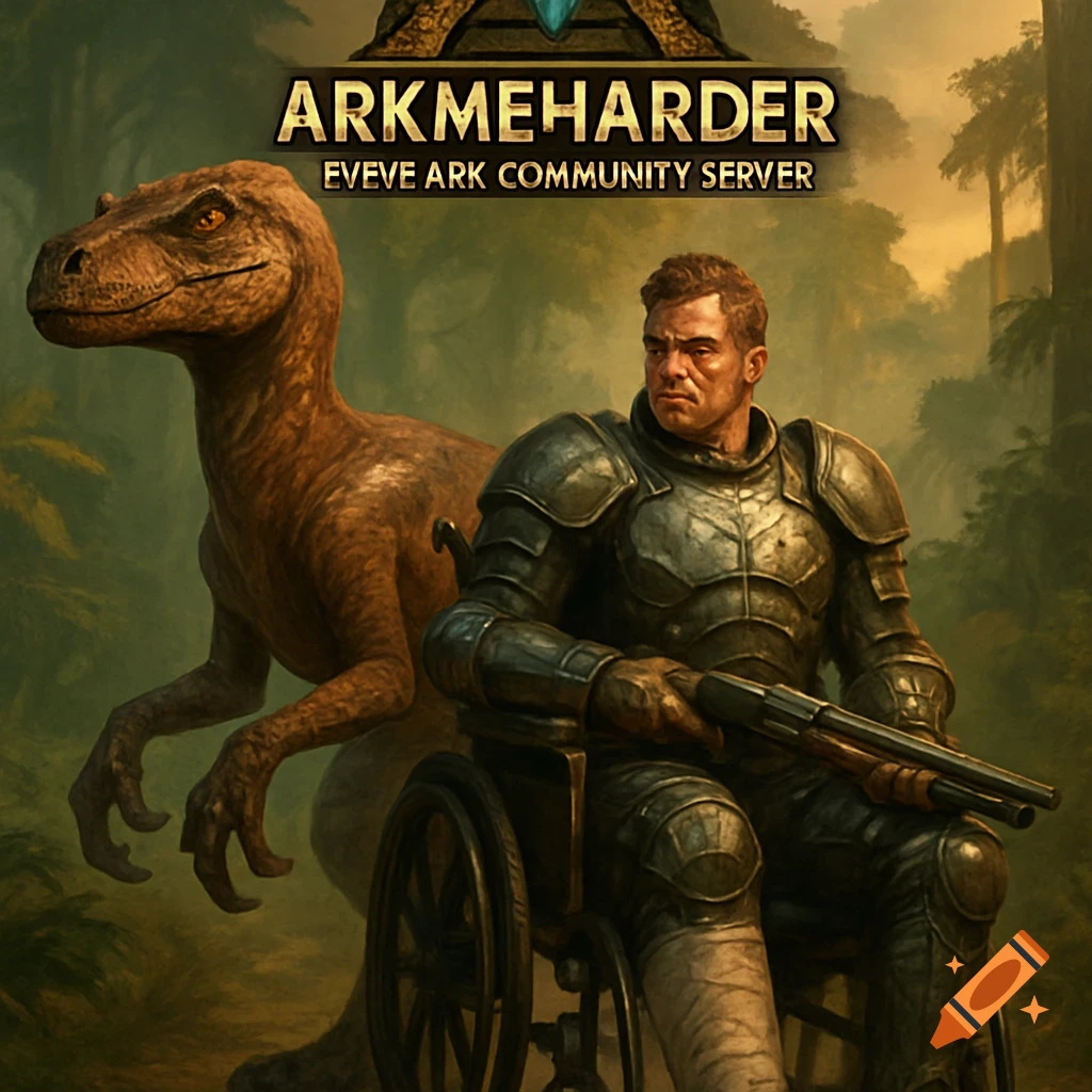 A man in futuristic armor sits in a wheelchair holding a shotgun, with a raptor dinosaur behind him, in a lush jungle. A logo at the top reads "ARKMEHARDER EVEVE ARK COMMUNITY SERVER".