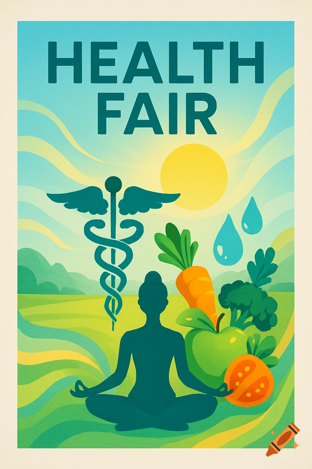 A colorful health fair poster with a caduceus symbol, a meditating person, sun, green landscape, and fresh produce.