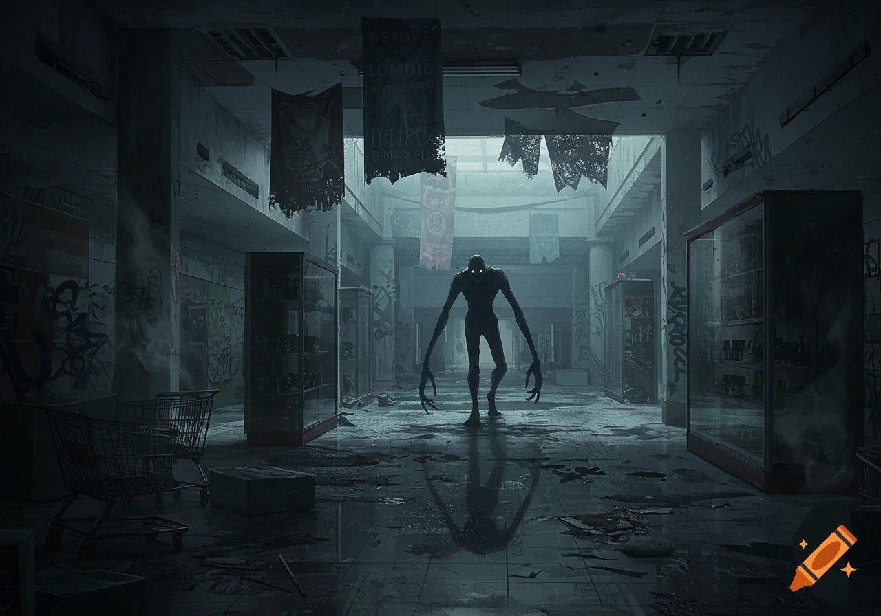 A tall, shadowy creature with glowing eyes stands in a dark, dilapidated abandoned mall, its reflection visible on the wet floor, in a spooky digital art style.