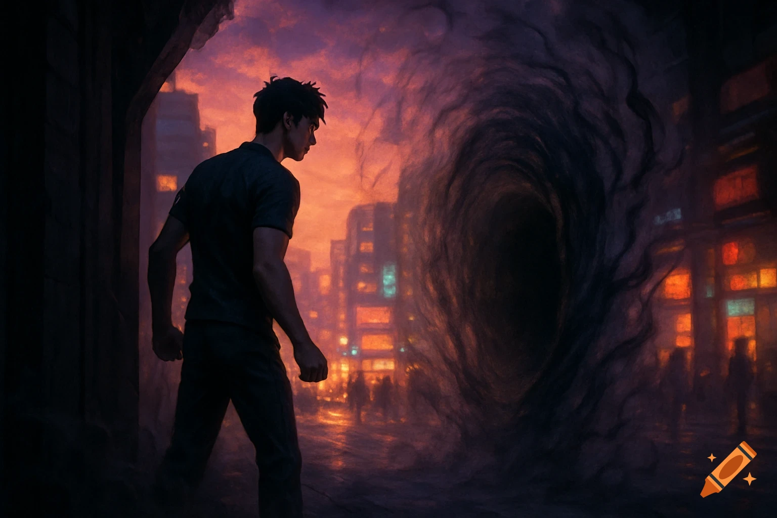A man in a dark city street gazes at a swirling dark portal under an orange and purple sky in a digital painting.