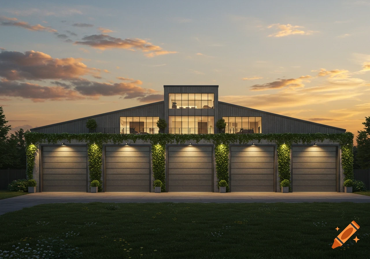 A photorealistic image of a modern building with five garage doors and living quarters above, illuminated at sunset.