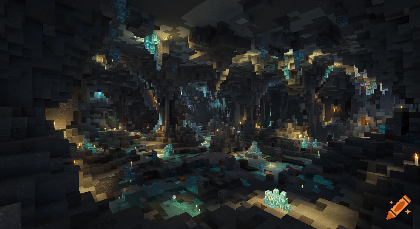 A dark, blocky Minecraft-style cave featuring glowing blue crystals, water, and flickering torches illuminating the rocky terrain.