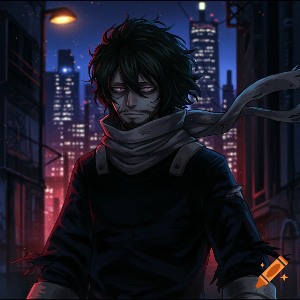 Anime illustration of Shota Aizawa with dark messy hair, red eyes, and a gray scarf, standing in a dark city street at night.