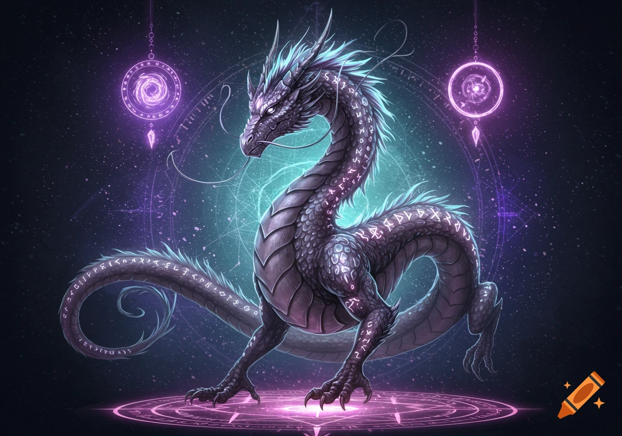 A majestic dragon with purple scales and glowing light blue accents stands amidst swirling mystical energy orbs, runes, and geometric patterns in a starry, dark background. The dragon is surrounded by purple magical circles.