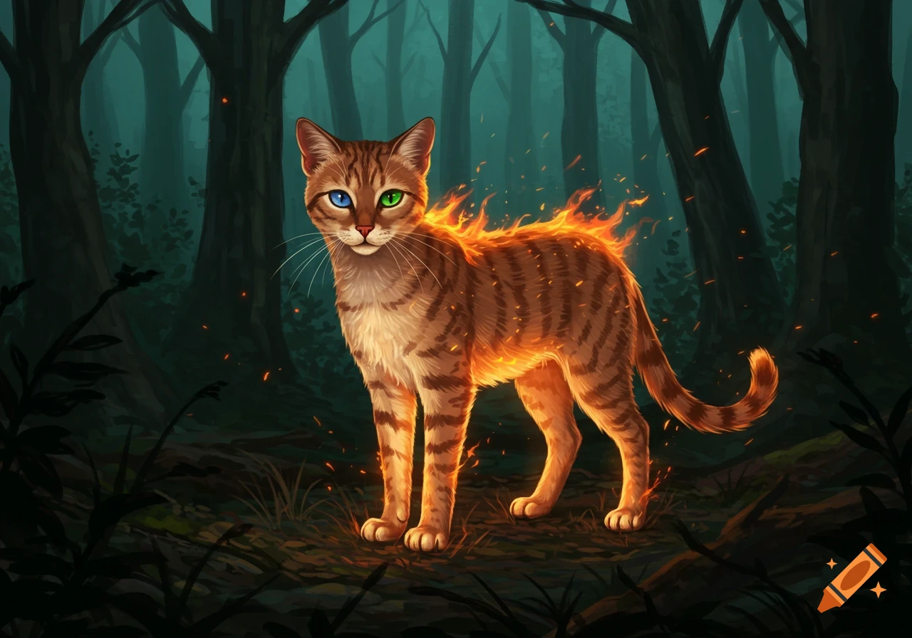 A sleek tabby cat with one blue and one green eye, its body glowing with flames, stands in a dark forest.