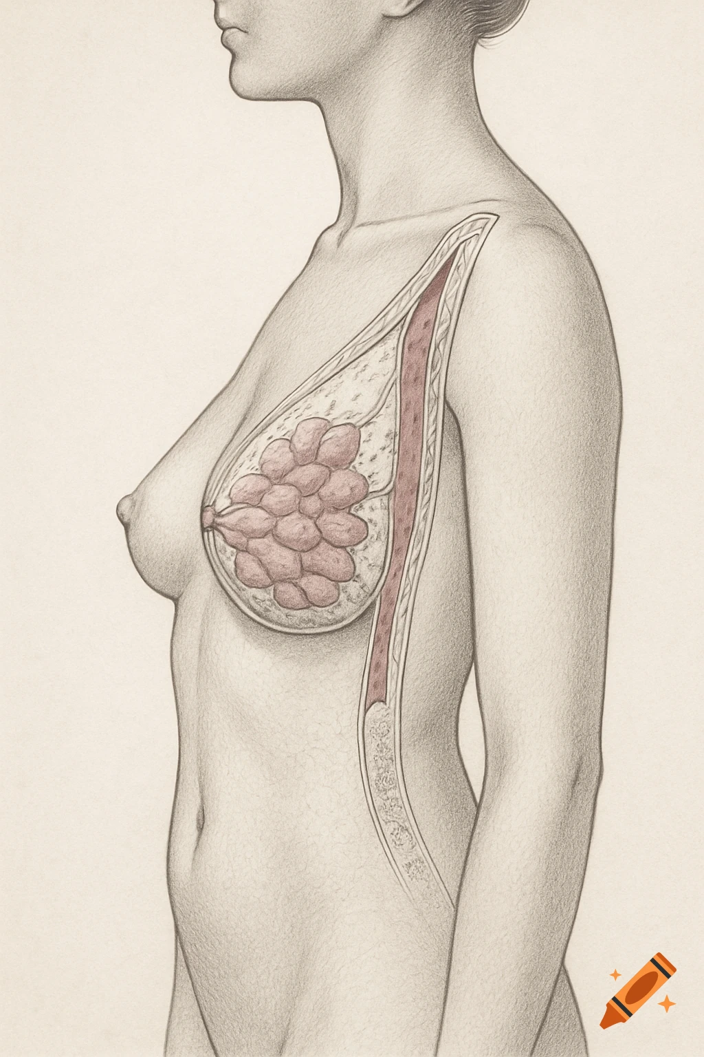 Detailed medical drawing of a female torso in profile, showing a cross-section of the breast with internal glandular tissue.