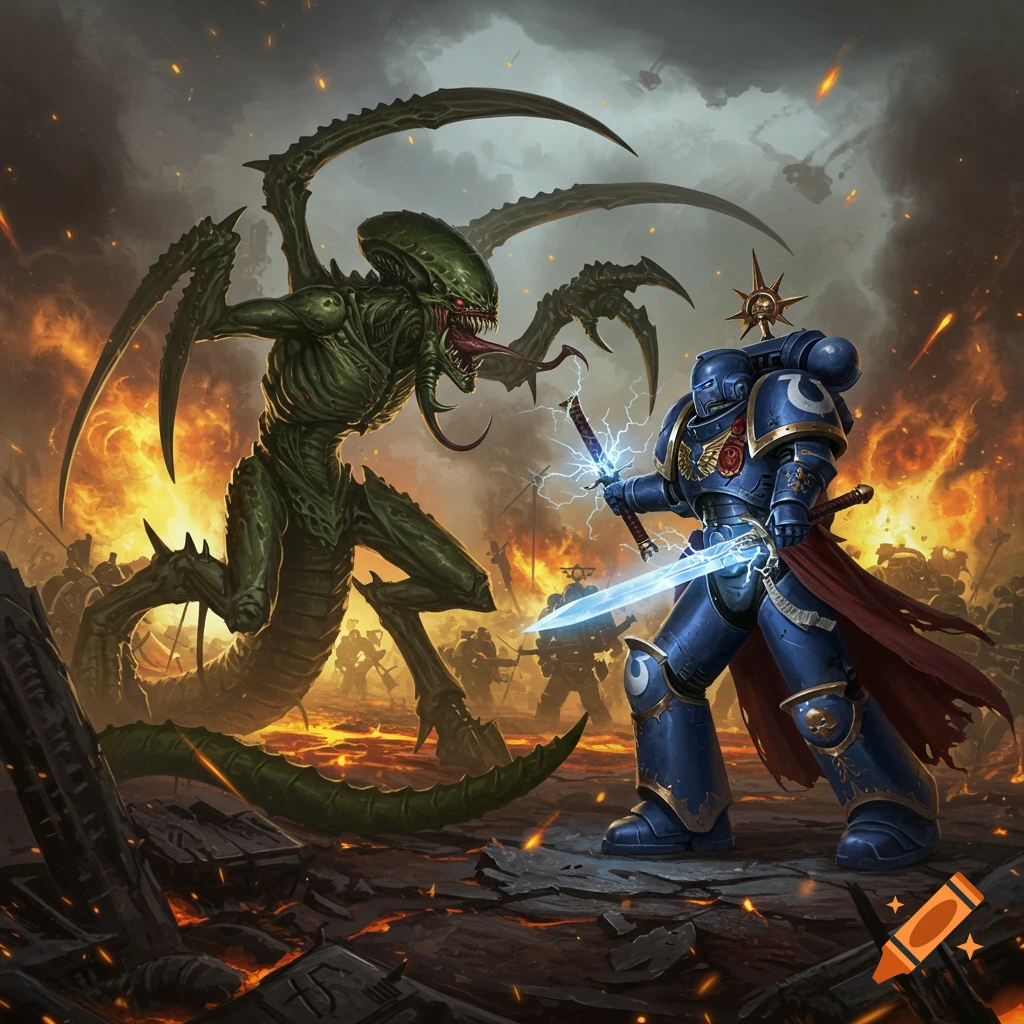 A green alien Lictor battles a blue armored Ultramarine captain with glowing power swords amidst a fiery, war-torn landscape.