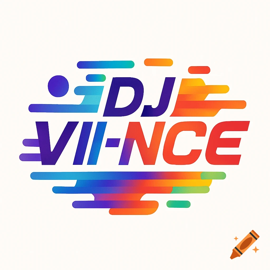 Colorful logo for DJ Vii-nce with dynamic stripes and gradients in blue, orange, and purple.