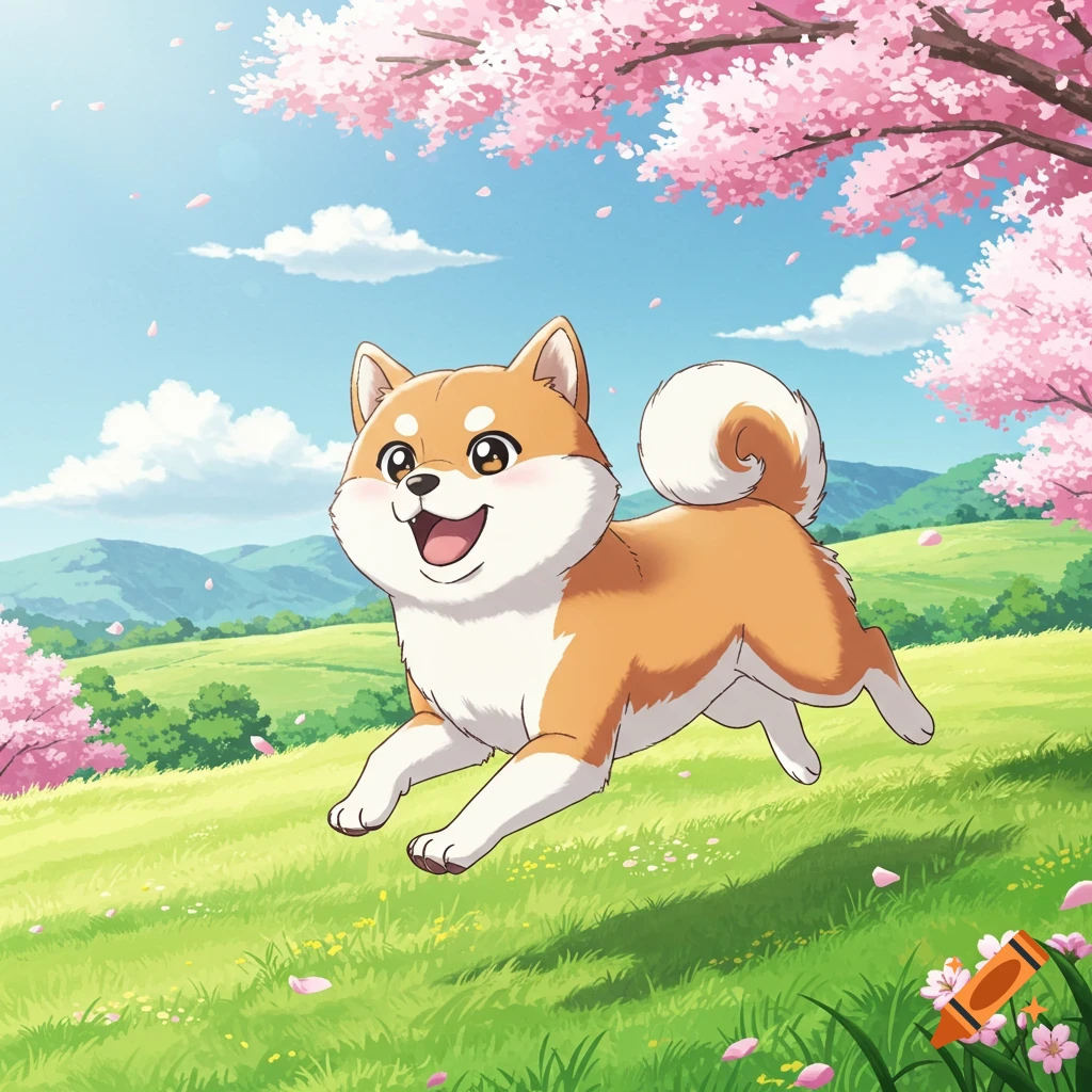 A joyful anime Shiba Inu dog runs through a green field under pink cherry blossoms on a sunny day.