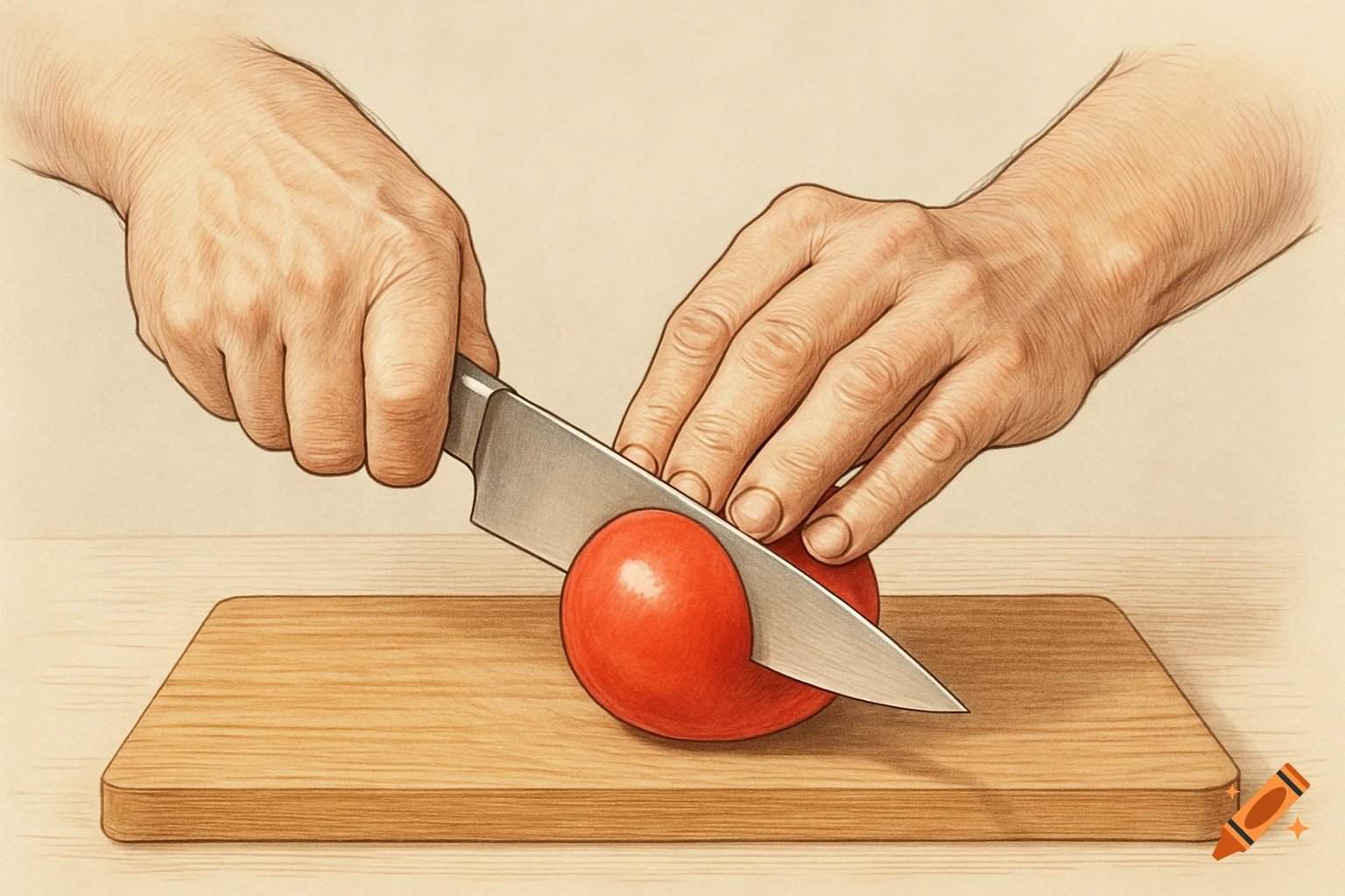 A detailed illustration of two hands using a silver knife to slice a red tomato on a wooden cutting board.
