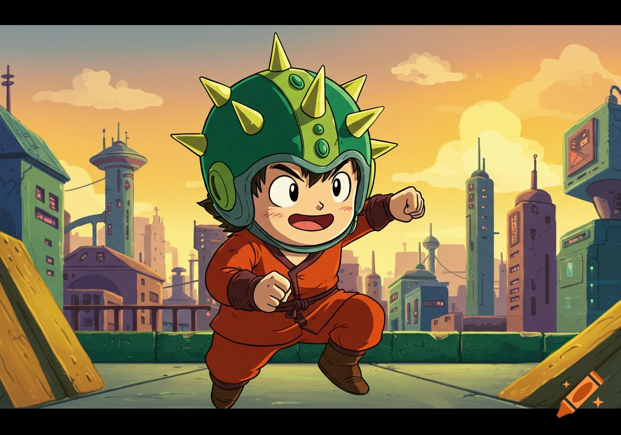 A cartoon kid in an orange outfit and a spiky green helmet runs through a futuristic city at sunset, in Akira Toriyama's art style.