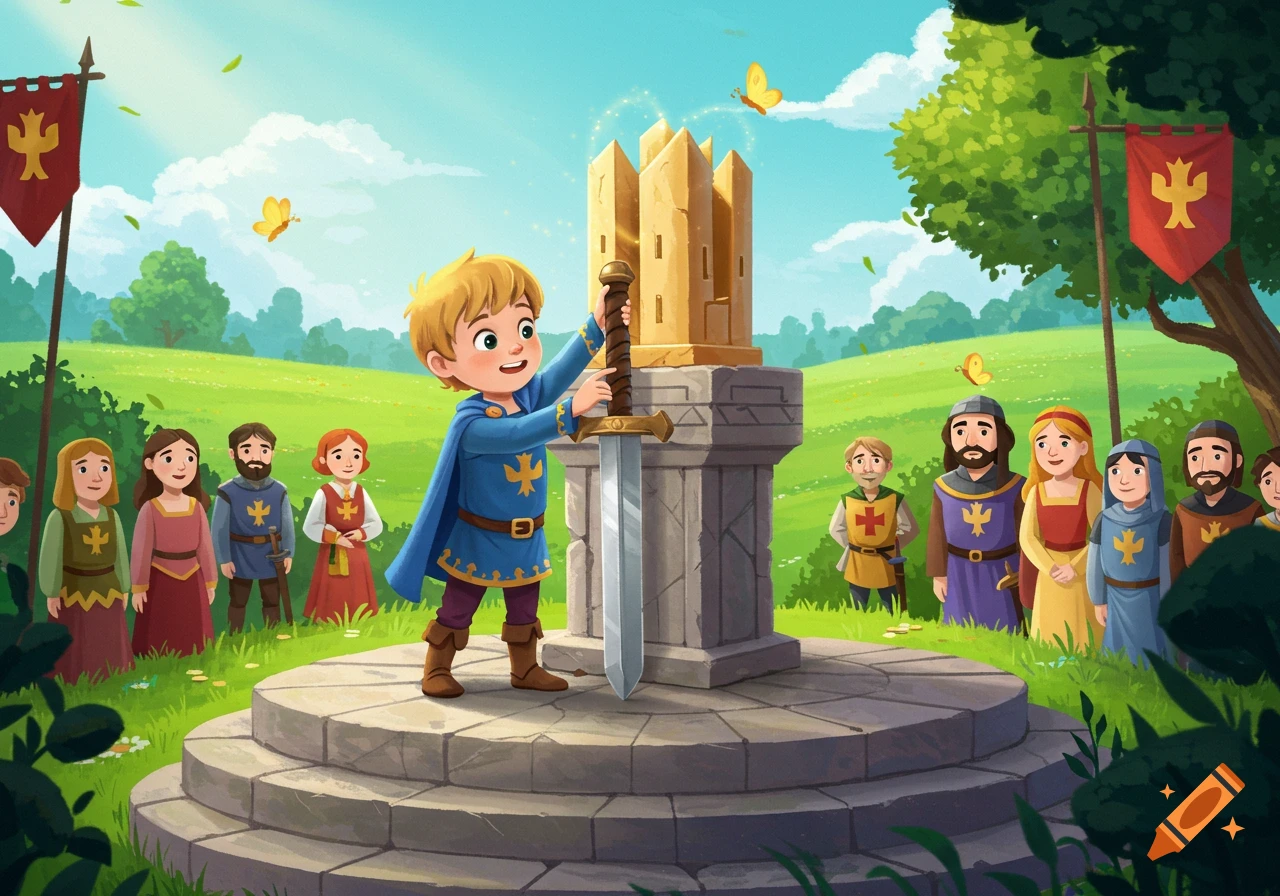 Cartoon of young King Arthur pulling Excalibur from a stone on a platform, watched by a crowd in a medieval field.