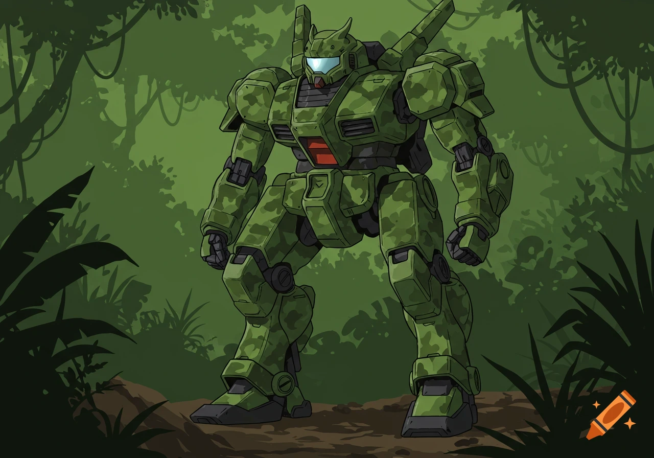 A vector illustration of a green camouflage military mech with a white visor standing in a lush jungle.