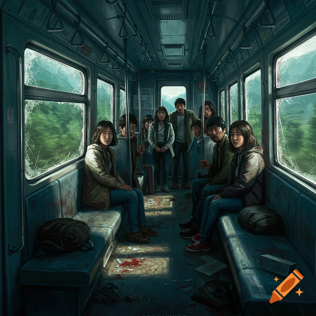 A group of distressed people look forward inside a wrecked train with broken windows, blood on the floor, and a blurry green landscape passing outside.