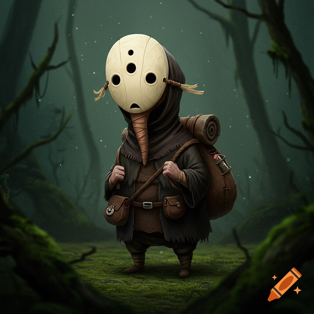 A whimsical, short, hooded creature with a white, three-holed mask and a long nose-like protrusion, carrying a brown backpack through a dark, mossy forest.