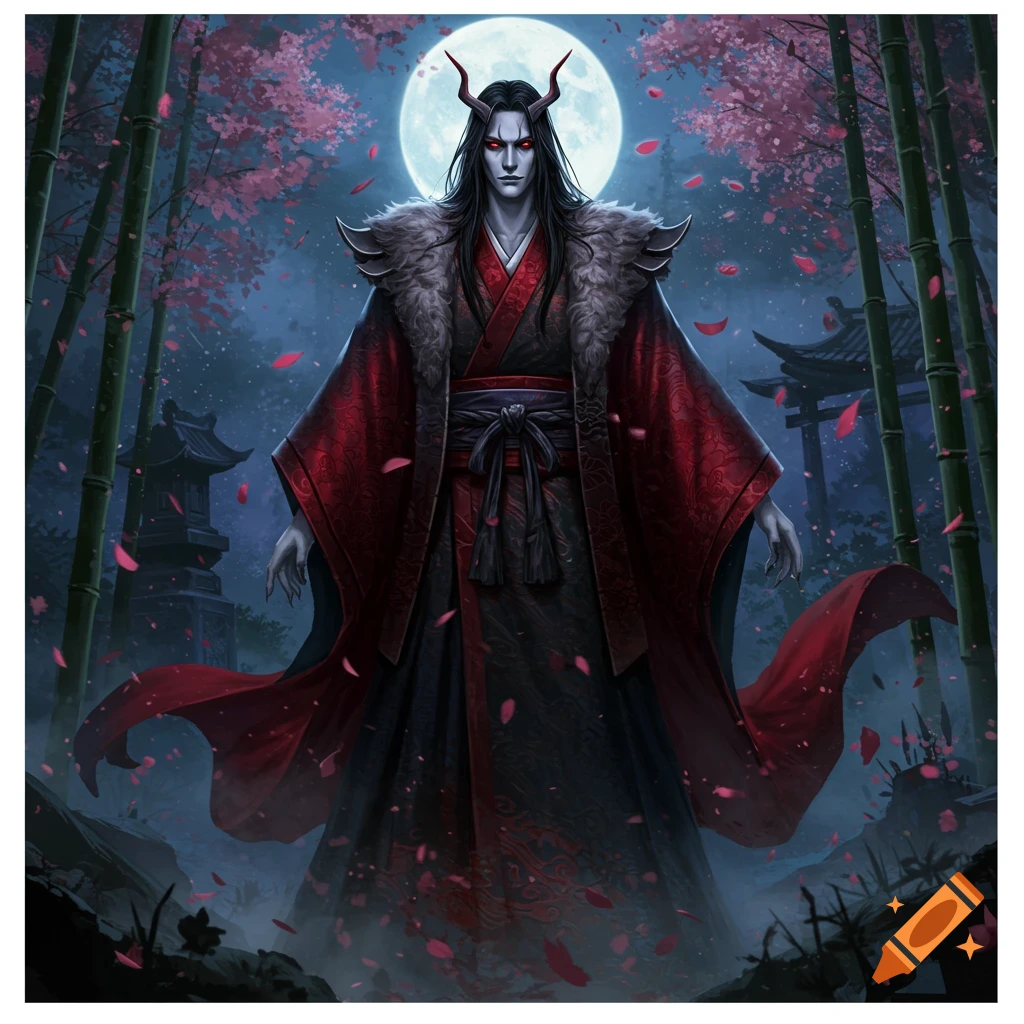 A demonic figure with red eyes and horns in a red and black kimono stands under a full moon in a cherry blossom bamboo forest at night, digital painting.