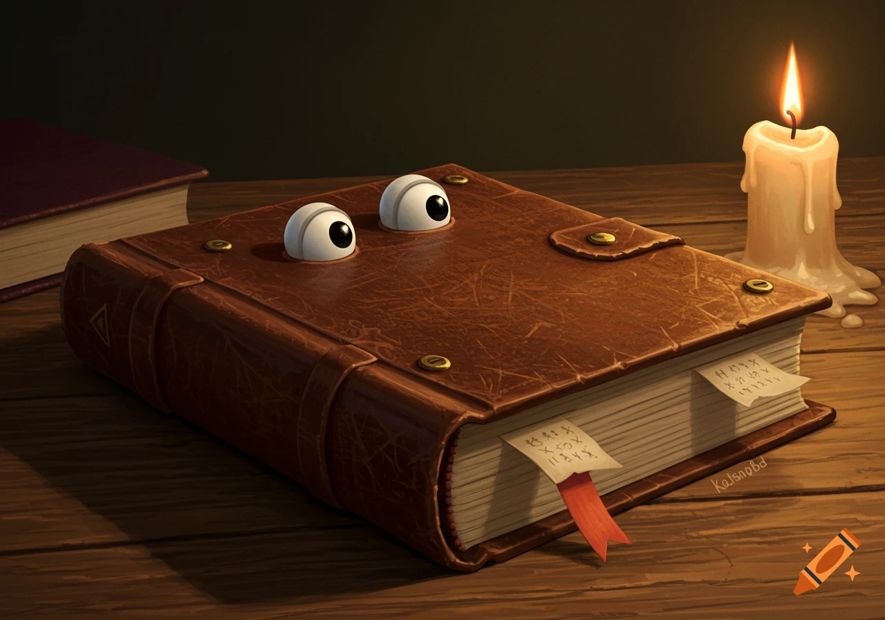 A whimsical, cartoonish brown leather grimoire with googly eyes on a wooden table, next to a lit candle.