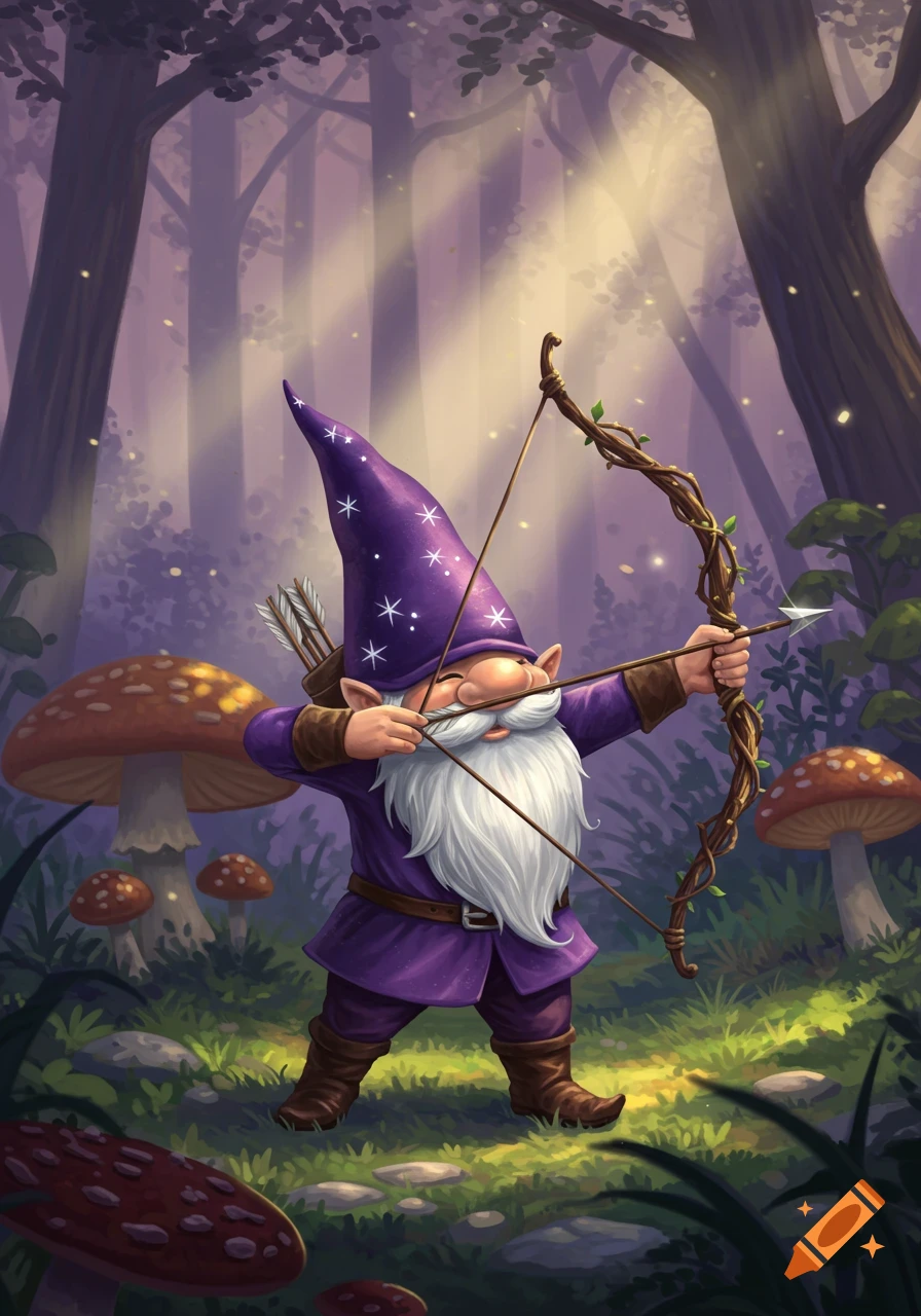 A whimsical illustration of a smiling gnome in a purple outfit and hat, drawing a bow and arrow in a magical forest with glowing mushrooms.