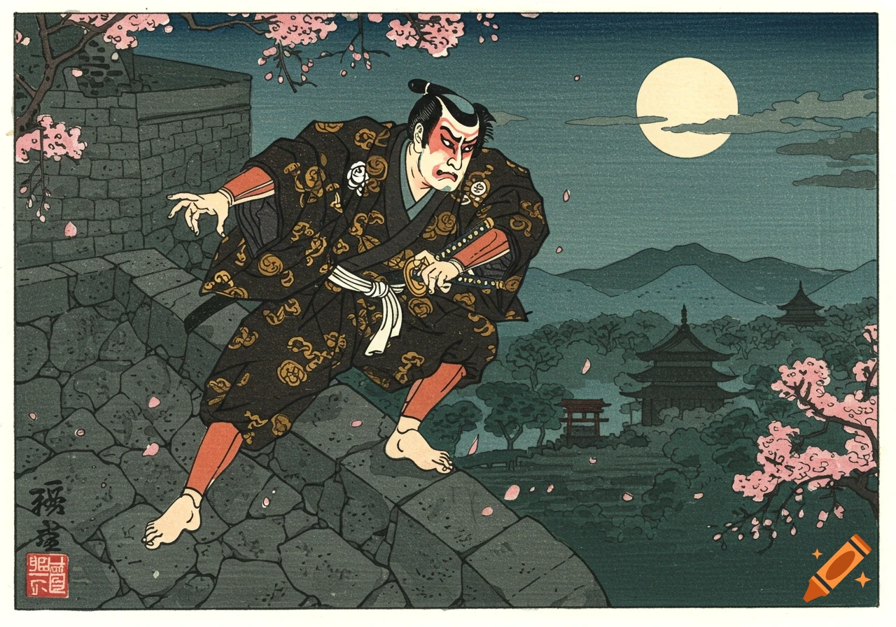 A fierce ninja in a black patterned kimono climbs a stone castle wall under a full moon, in a traditional ukiyo-e woodblock print style.