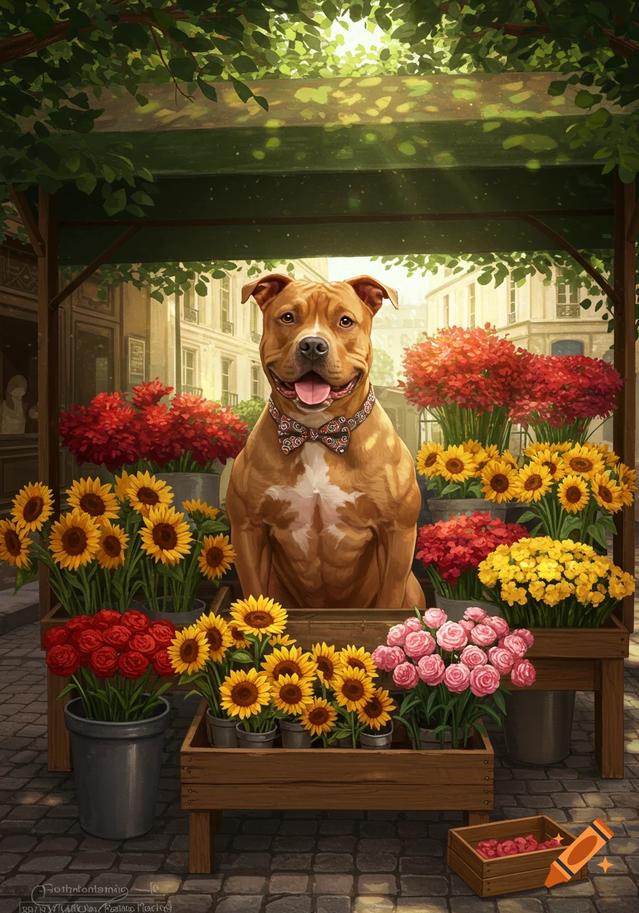 A smiling pitbull dog wearing a bow tie sits at a vibrant flower stand with sunflowers, roses, and other colorful blooms under a leafy canopy on a sunny street.