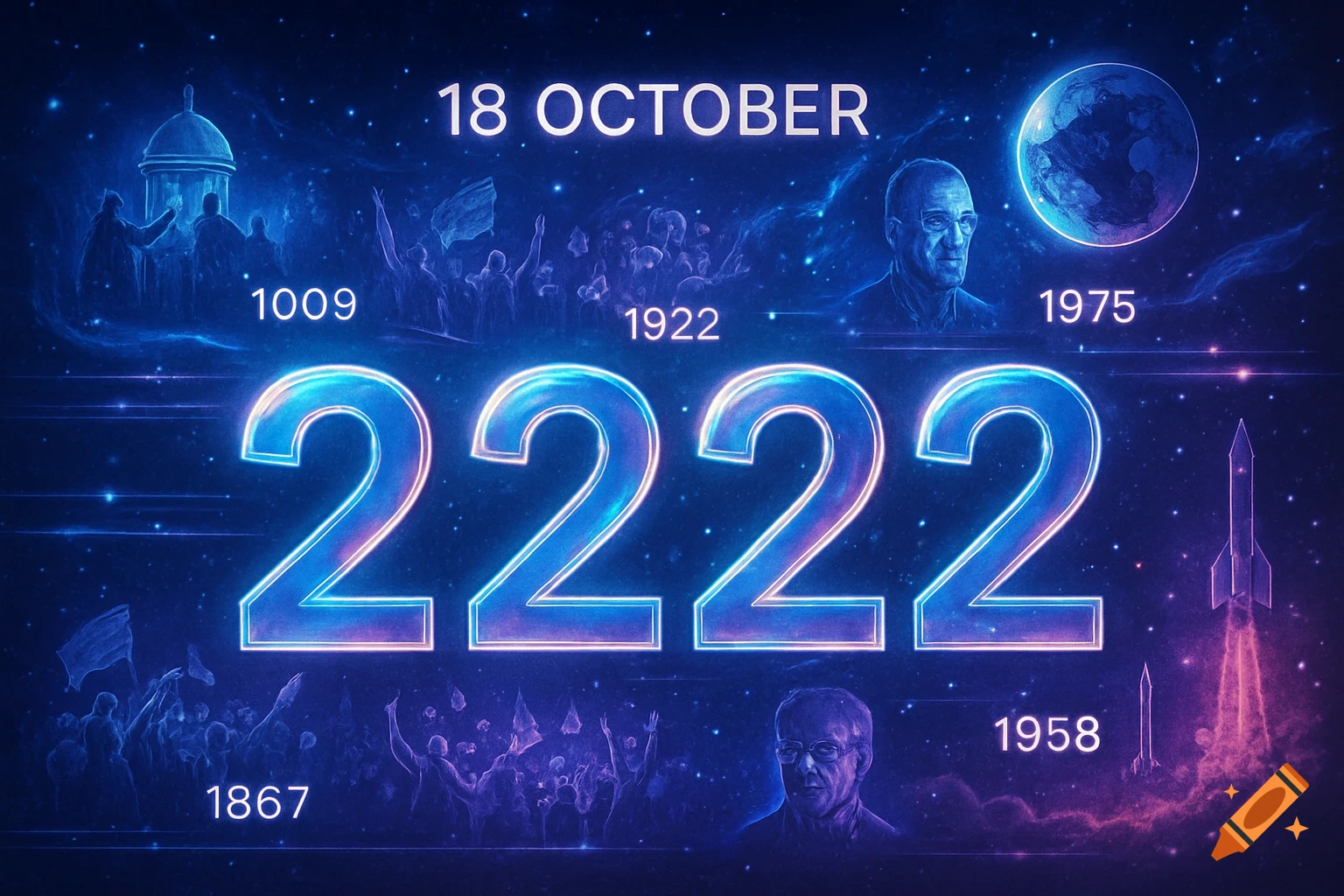 A dark blue and purple space-themed graphic with large glowing numbers '2222' in the center, flanked by '18 OCTOBER' at the top. Smaller dates and abstract historical and futuristic event vignettes are arranged around the main numbers, including a planet, a rocket, and crowds of people.