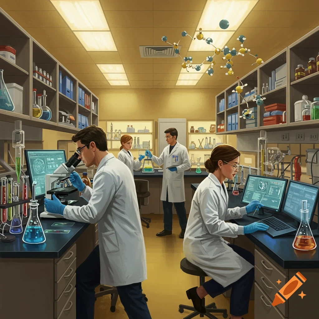 Scientists in lab coats conduct experiments using microscopes, computers, and beakers in a busy laboratory.