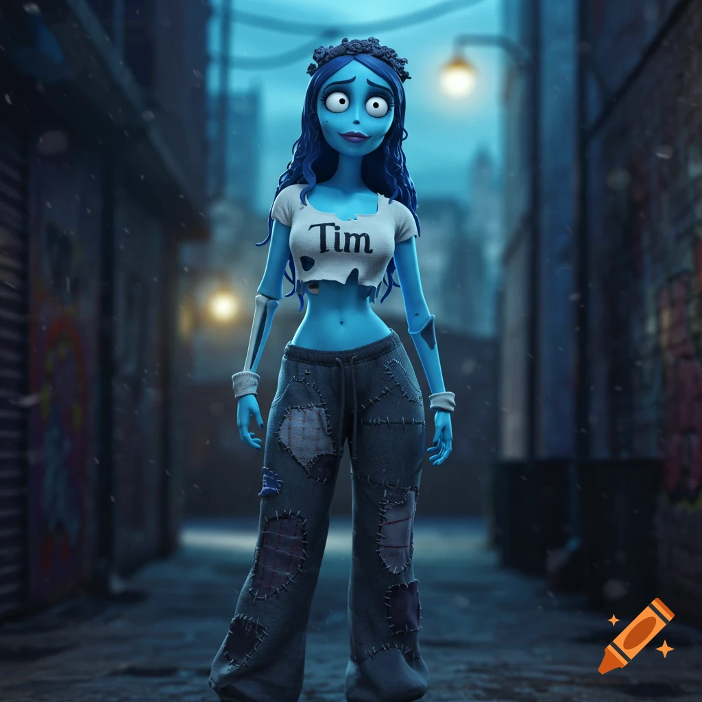 A photorealistic rendering of Tim Burton's Corpse Bride with blue skin, wearing a ripped white crop top that says "Tim", and baggy patched sweatpants, standing in a dark alley.