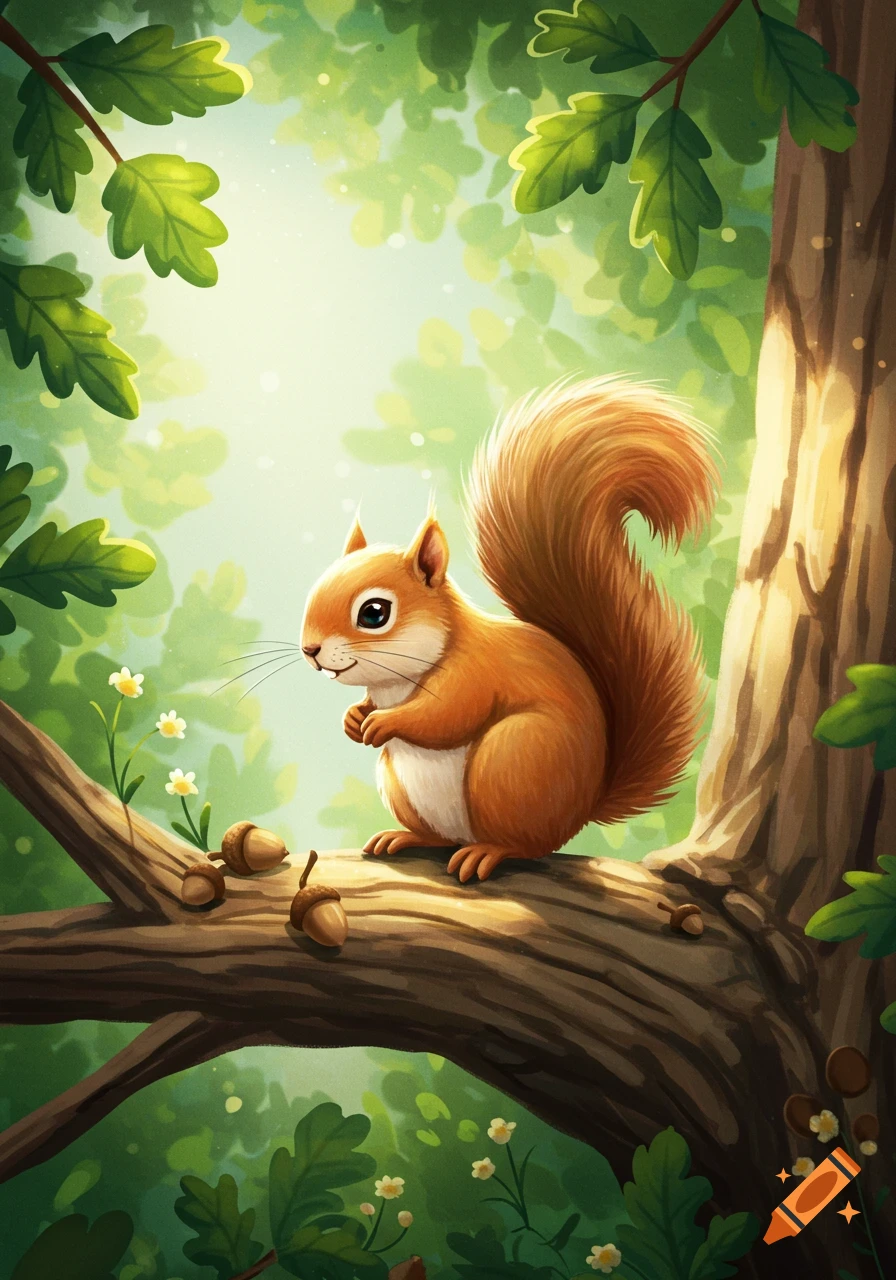 A cute, cartoon squirrel sits on a tree branch with acorns, surrounded by lush green foliage and sunlit leaves in an illustration.