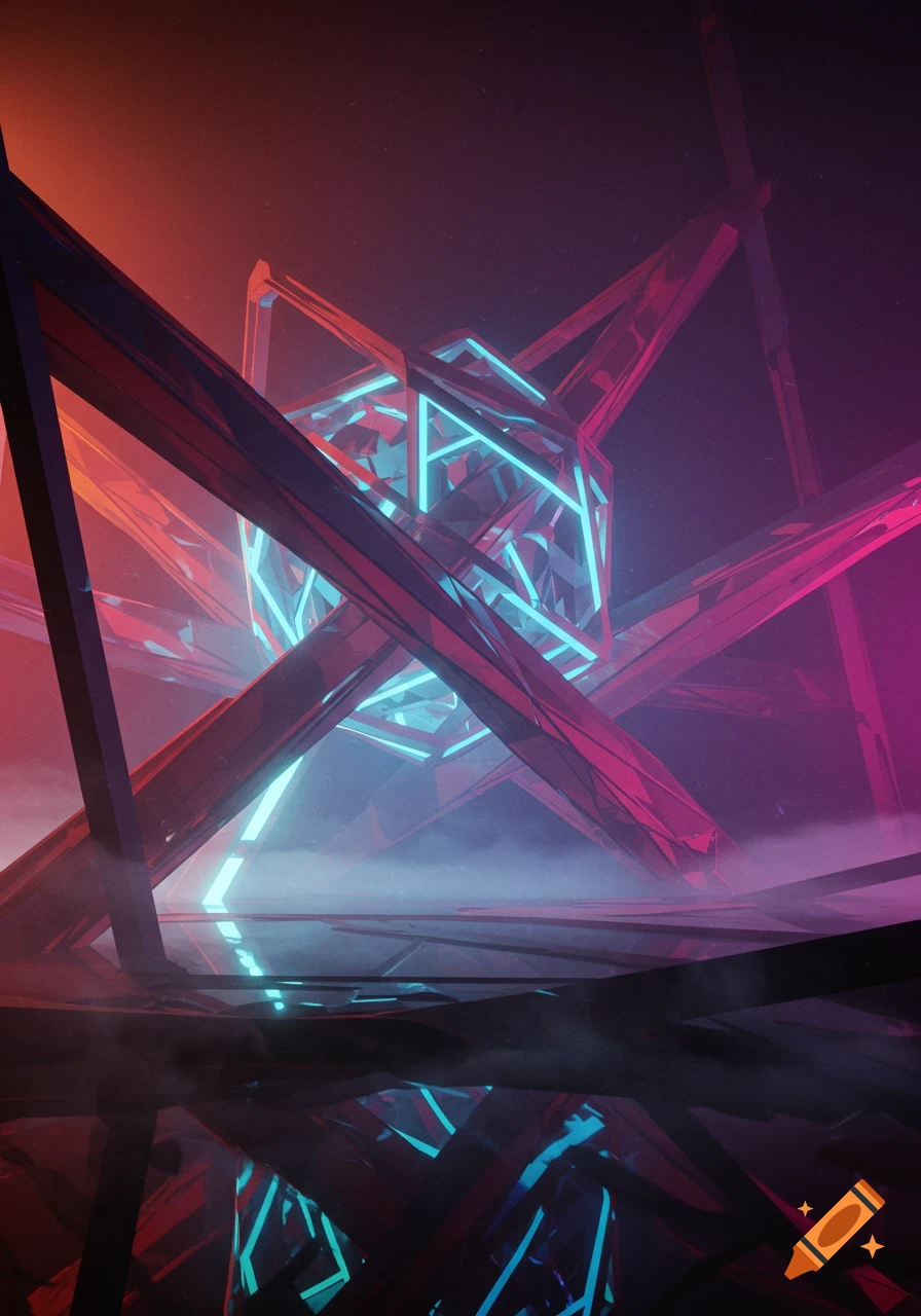 Abstract geometric shapes with glowing blue neon lines and red accents in a dark, foggy, reflective space.