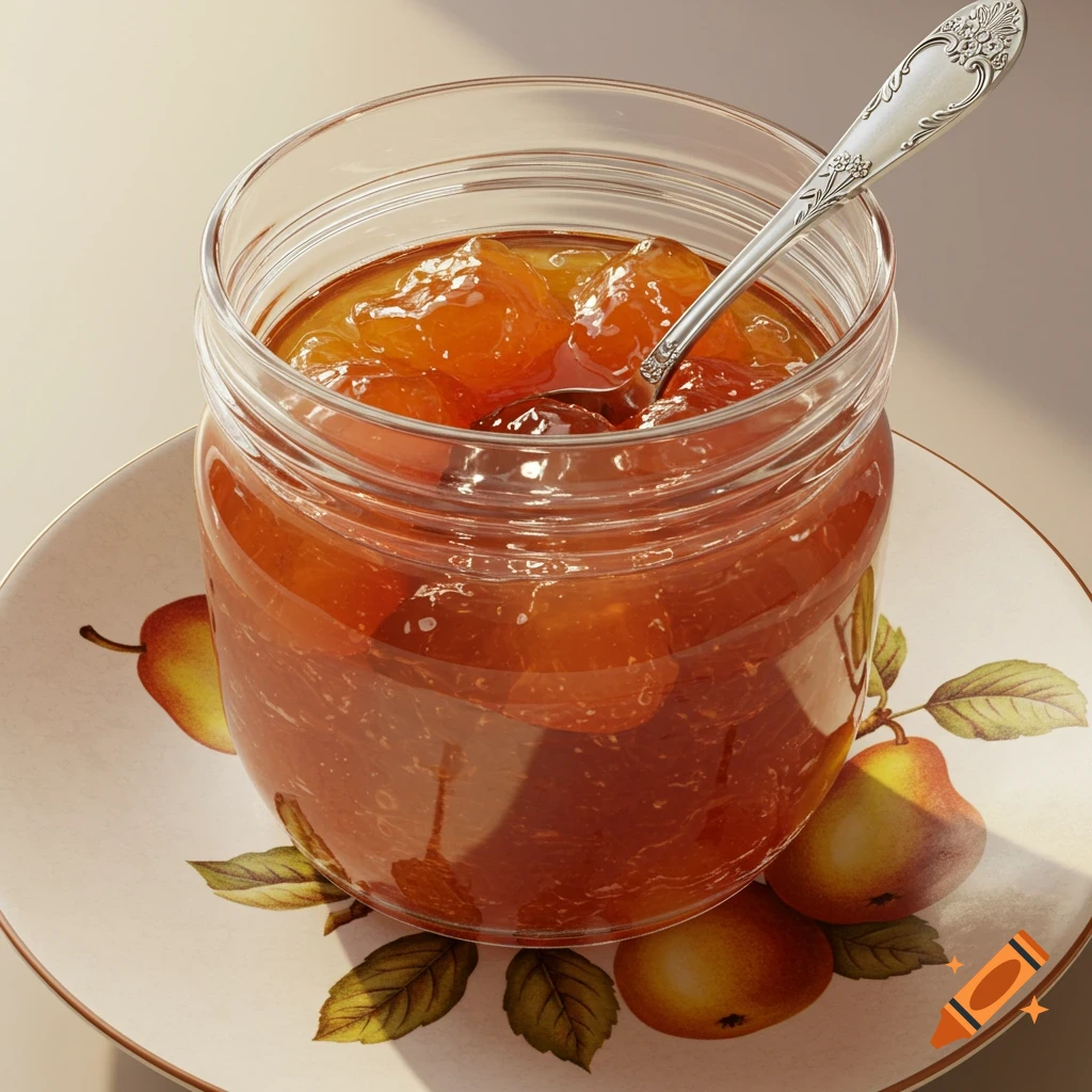 Hyperrealistic close-up of a glass jar of quince jelly with an ornate spoon, sitting on a white saucer with fruit illustrations.