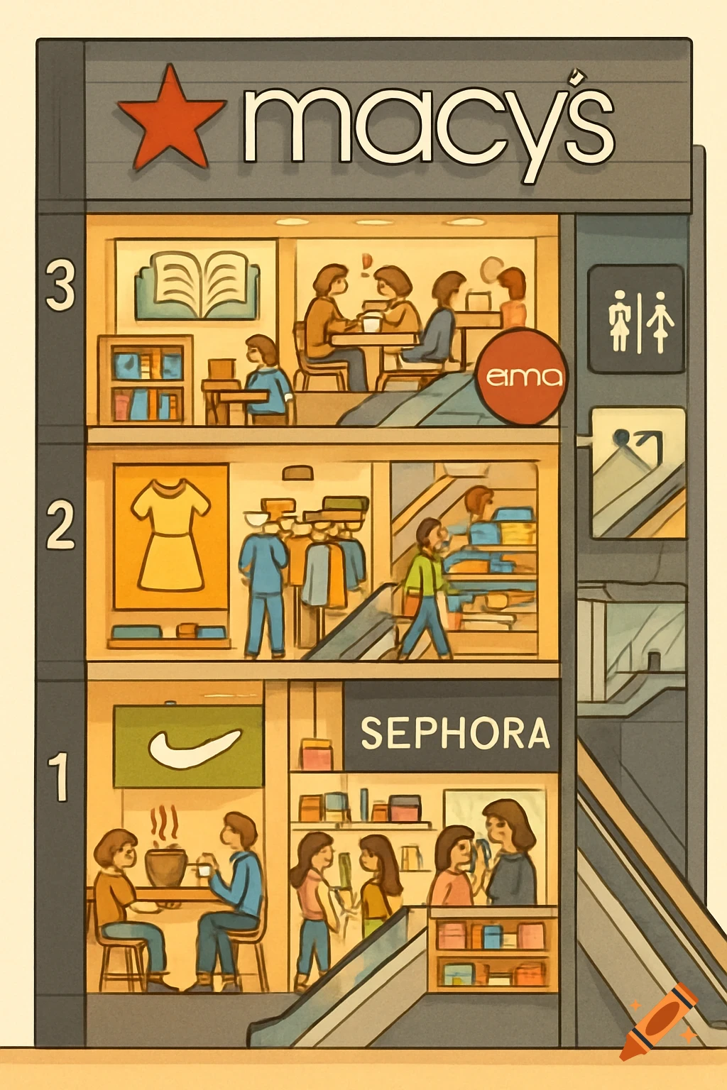 Colorful cross-section illustration of a 3-story Macy's department store, showing various shops and people inside, like a store directory poster.