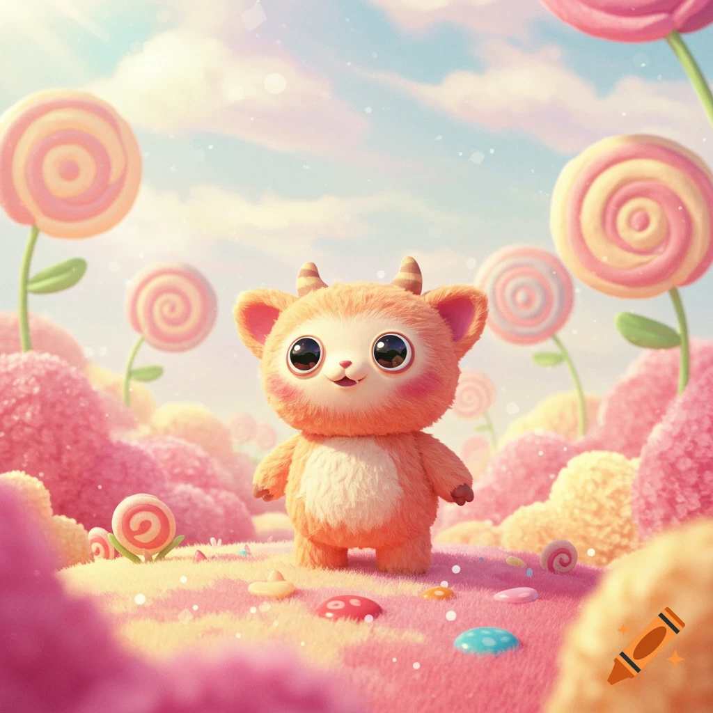 A cute, orange, furry creature with large eyes and small horns stands in a vibrant pink candy land with lollipop flowers and pastel hills.