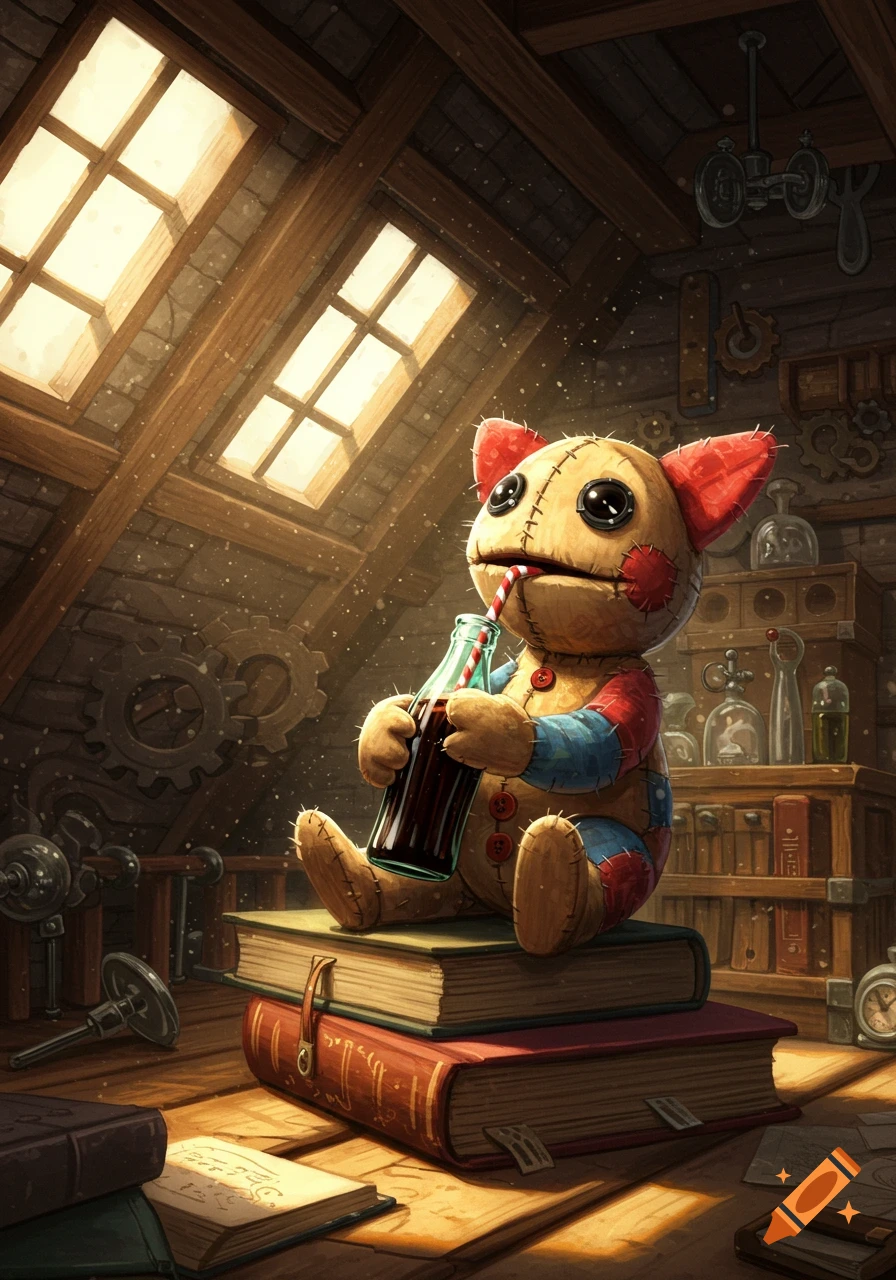 A whimsical, patched-up puppet creature sits on old books in a sunlit attic, drinking from a soda bottle with a straw.