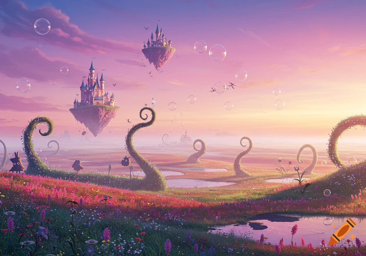 A vibrant fantasy landscape with two floating castles in a pink and purple sky, overlooking a field of colorful flowers, ponds, and whimsical plant stalks with small dark creatures. Bubbles float in the air.