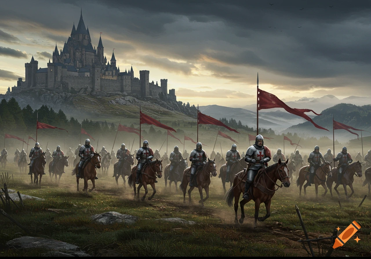 A large medieval army of knights on horseback marches across a grassy field towards a formidable castle under a cloudy sky.