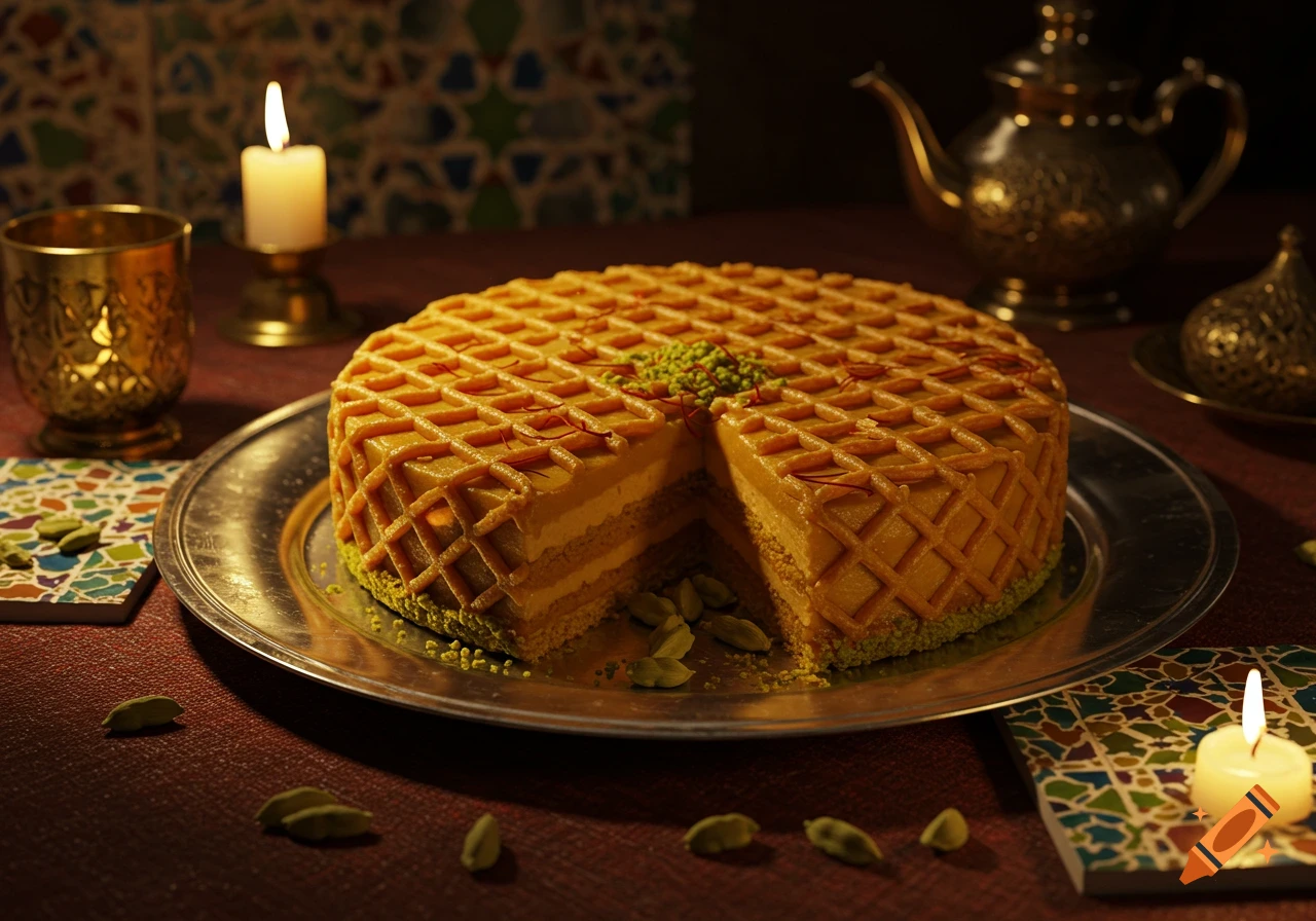 A photorealistic image of a round golden cake with a lattice pattern and a slice cut out, garnished with pistachios and saffron. It sits on a silver platter surrounded by cardamom pods, lit candles, and ornate golden teaware on a red tablecloth.