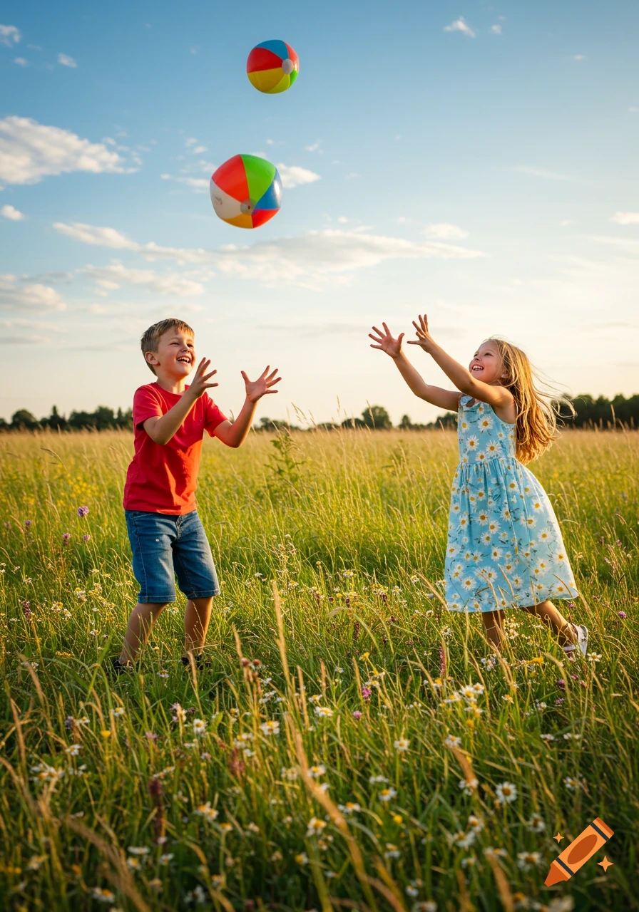Two joyful children, a boy and a girl, play with colorful beach balls in a sunlit field of tall grass and wildflowers.