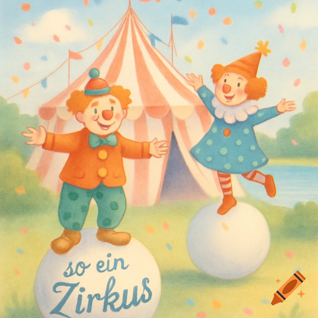Two cartoon clowns balancing on white balls with 'so ein Zirkus' text, in front of a circus tent with confetti, soft style.