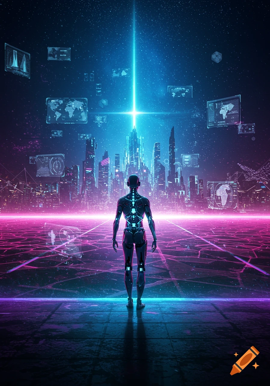 A glowing robotic figure stands on a neon grid looking at a futuristic city skyline under a starry sky, with holographic data screens floating around.