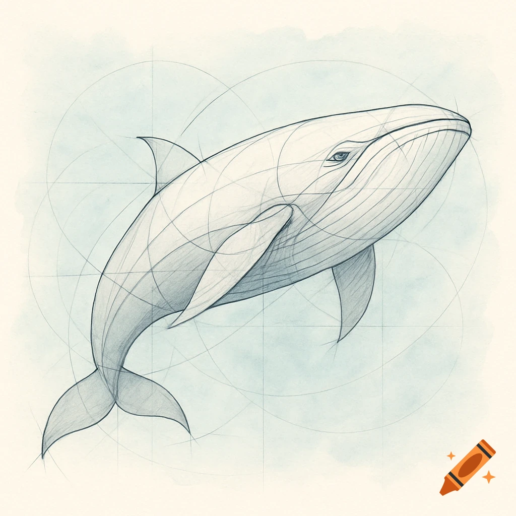 Stylized drawing of a whale with geometric construction lines on a light background.