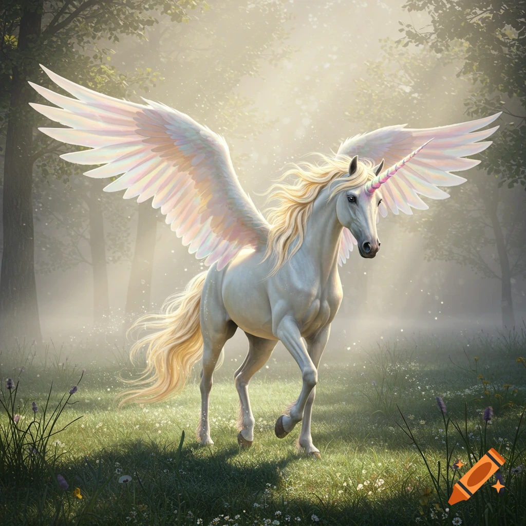 A majestic white unicorn with iridescent wings, a golden mane and tail, and a pearlescent horn stands in a sun-dappled magical forest.