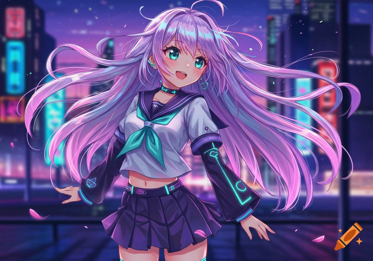 An anime girl with long, flowing purple hair, a school uniform, and cybernetic arm details stands in a vibrant neon cityscape at night.
