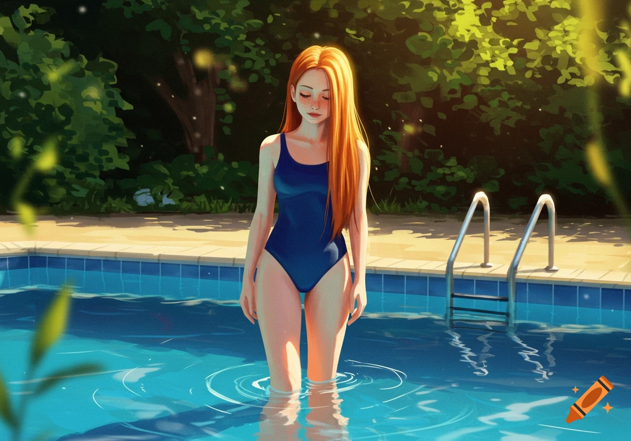 An anime-style illustration of a ginger-haired girl in a blue swimsuit standing in a swimming pool.